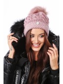 Braided winter hat with a pompom, dark pink C47 - Online store - Boutique